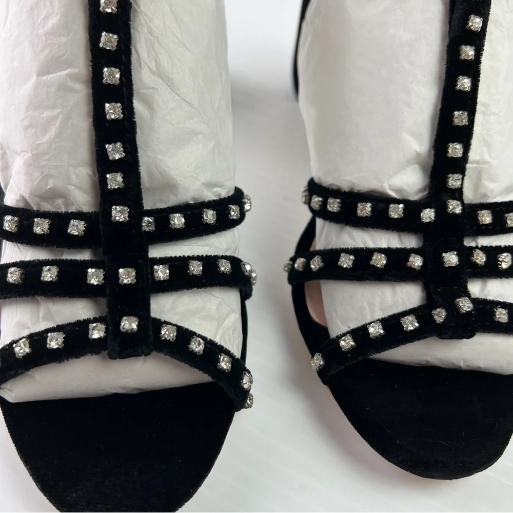 LOEFFLER RANDALL Sandal Womens 7.5  Black Elena Strappy Velvet Block-Heel Shoes